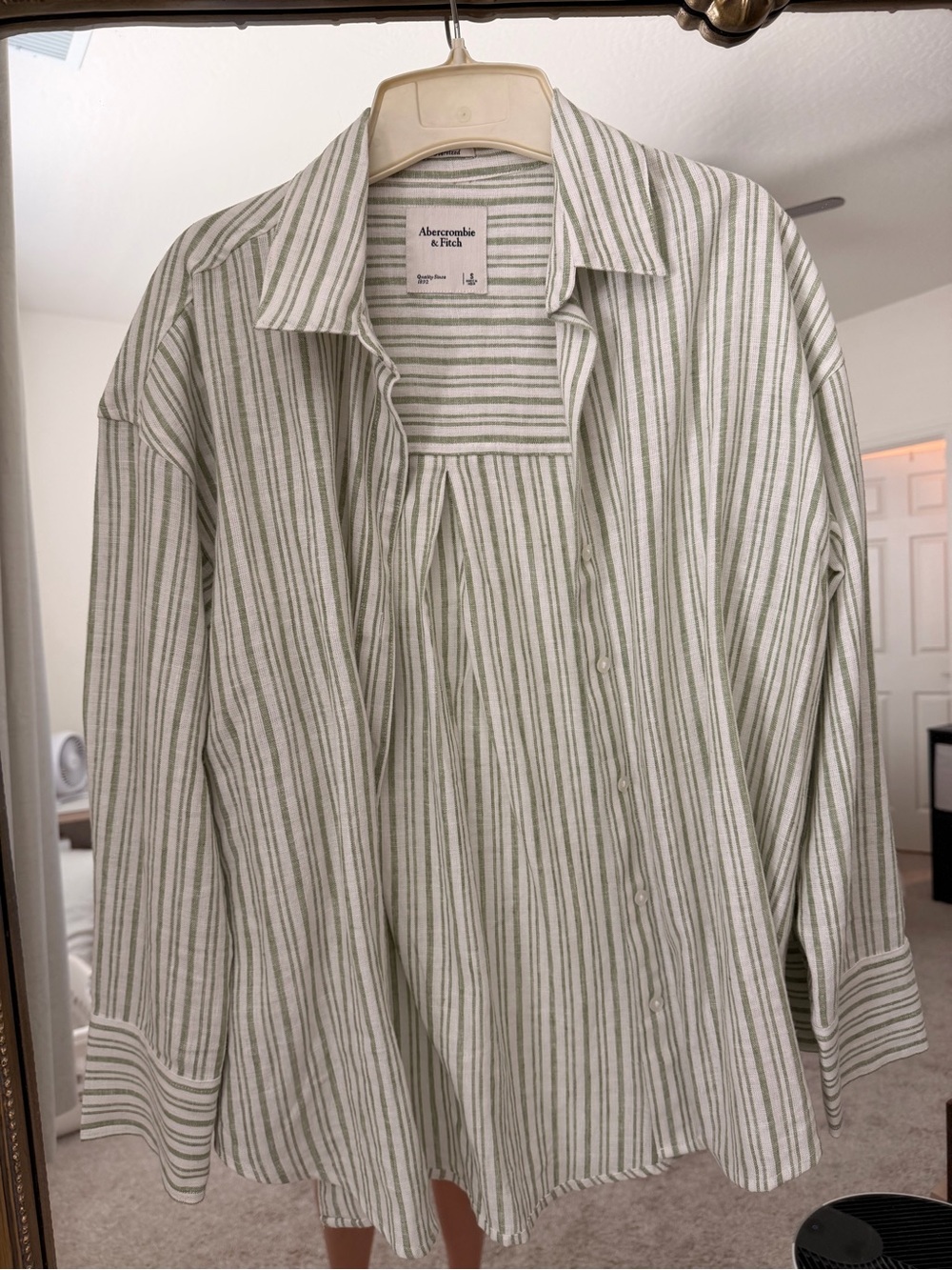 Abercrombie & Fitch White and Light Green Striped Button-Down Shirt